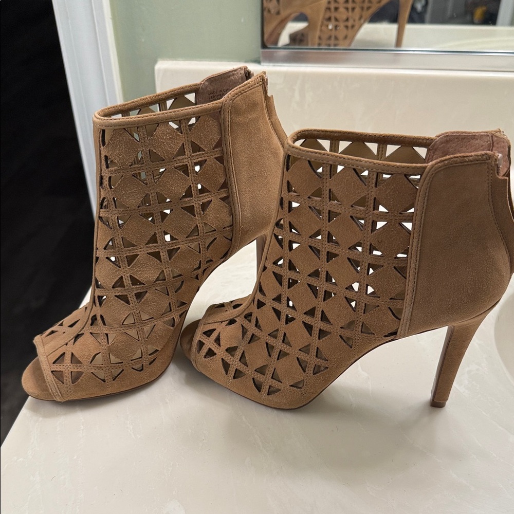 Michael Kors Tan Laser-Cut Peep-Toe Stiletto Booties